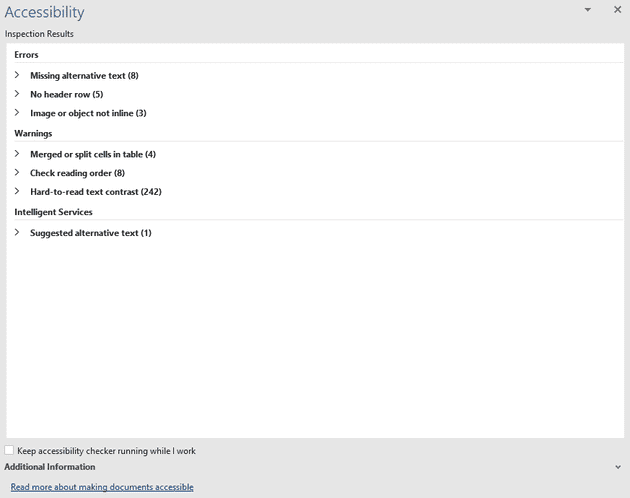 Screenshot of Miscrosoft Word accessibility check results showing some deficiencies in a Word document.