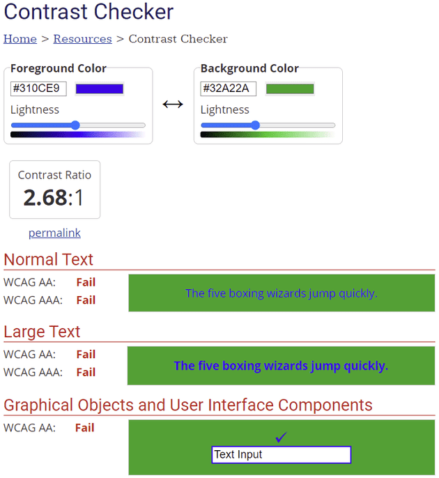 Screenshot of WebAIM contrast checker showing results for poorly contrasting elements